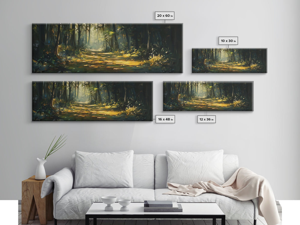 Forest Path, Sunlit Woodland Wall Art, Nature Escape Painting, Cabin Decor, Framed Canvas Print, Outdoor Lover Gift, Entryway Art