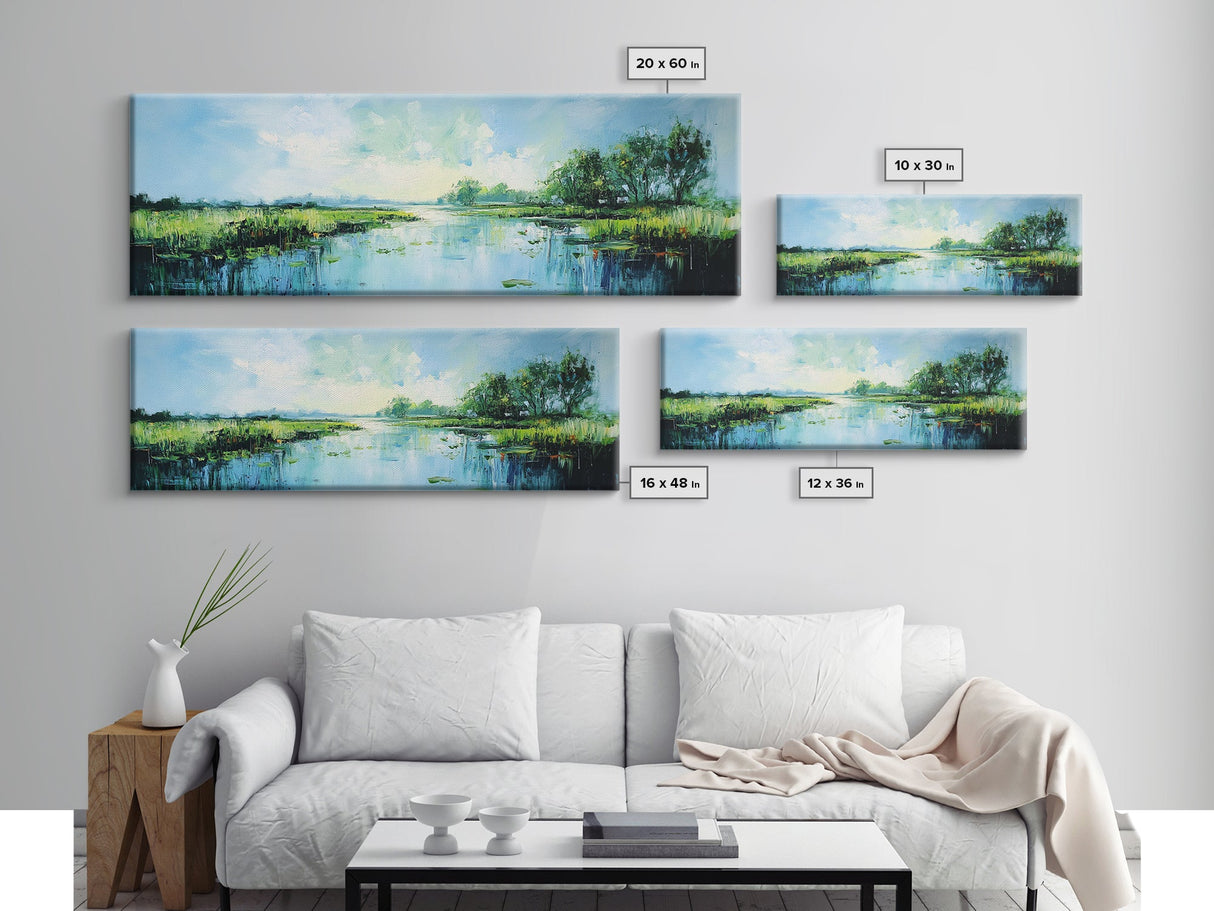 Tranquil, Marshland, Reflection, Nature, Framed Canvas Print, Living Room Wall Art, Impressionist Art, Serene Water Scene