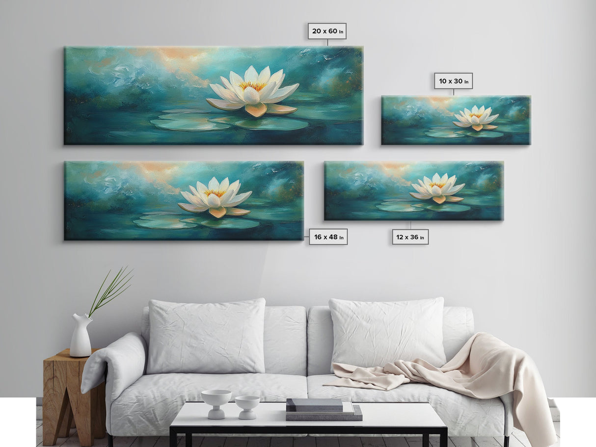 Lotus Flower, Tranquil Water, Canvas Print, Zen Wall Art, Meditation Room Decor, Calm Blue Painting, Bedroom Artwork, Boho Aesthetic