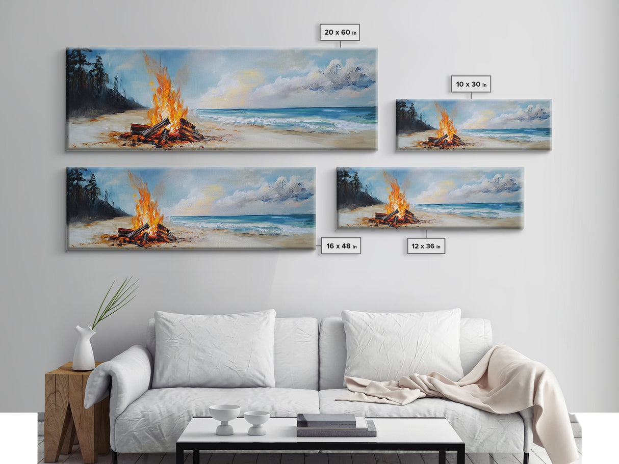 Beach Bonfire Glow Framed Canvas Print Coastal Sunset Wall Art Ocean Retreat Decor Vibrant Campfire Painting Summer Gift