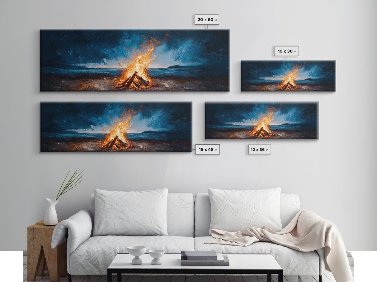 Stormy Beach Bonfire Canvas Print Dramatic Coastal Wall Art Ocean Fire Pit Painting Wilderness Adventure Decor Moody Gift