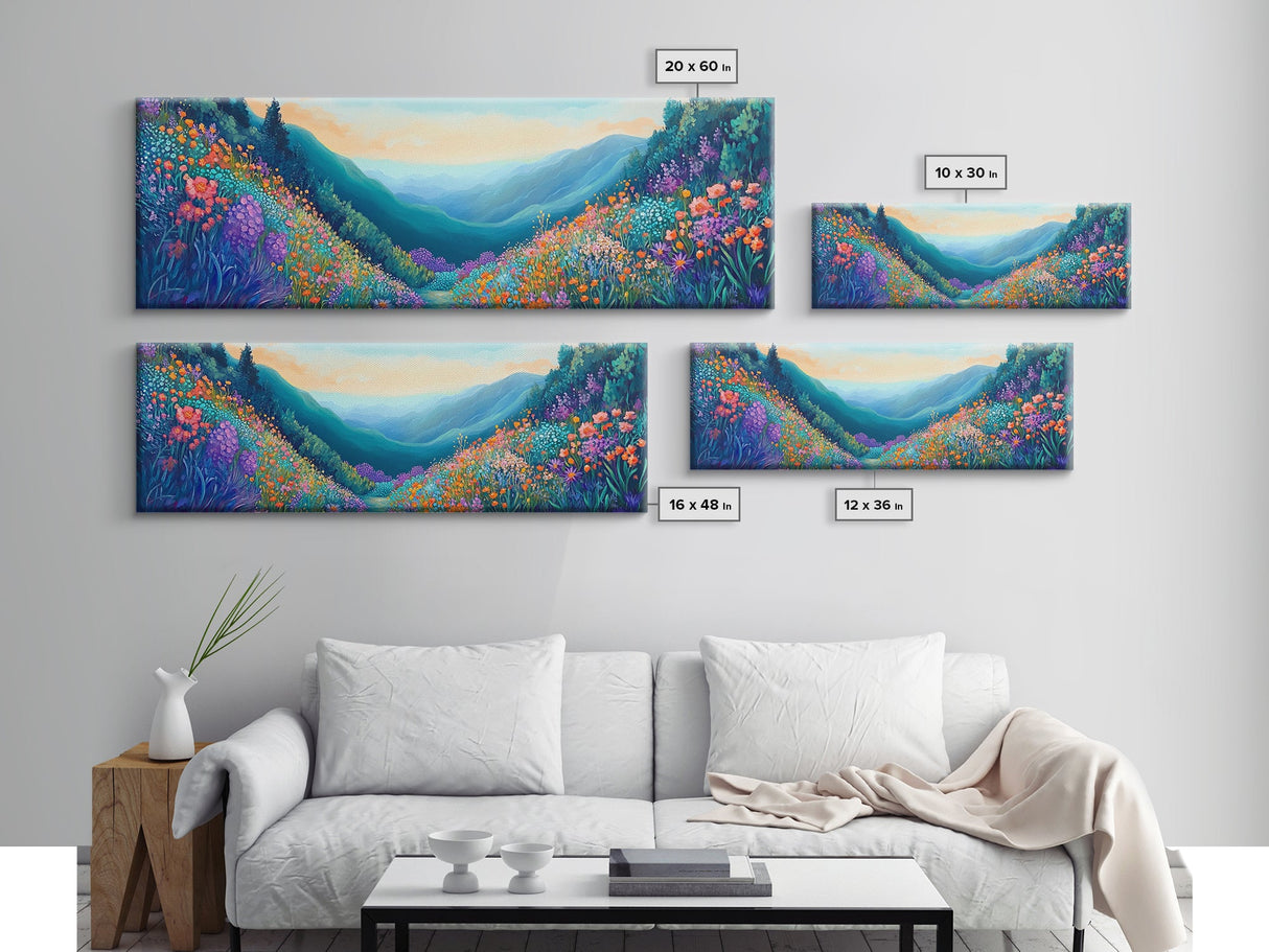 Mountain Wildflowers, Vibrant Landscape Art, Nature Painting, Cabin Wall Decor, Springtime Art, Living Room Print, Canvas Print