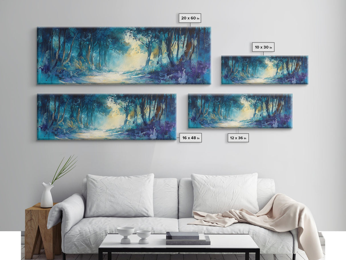 Mystical Forest, Blue Woodland Scene, Nature Art, Dark Forest Painting, Bedroom Wall Art, Canvas Print, Framed Canvas Print