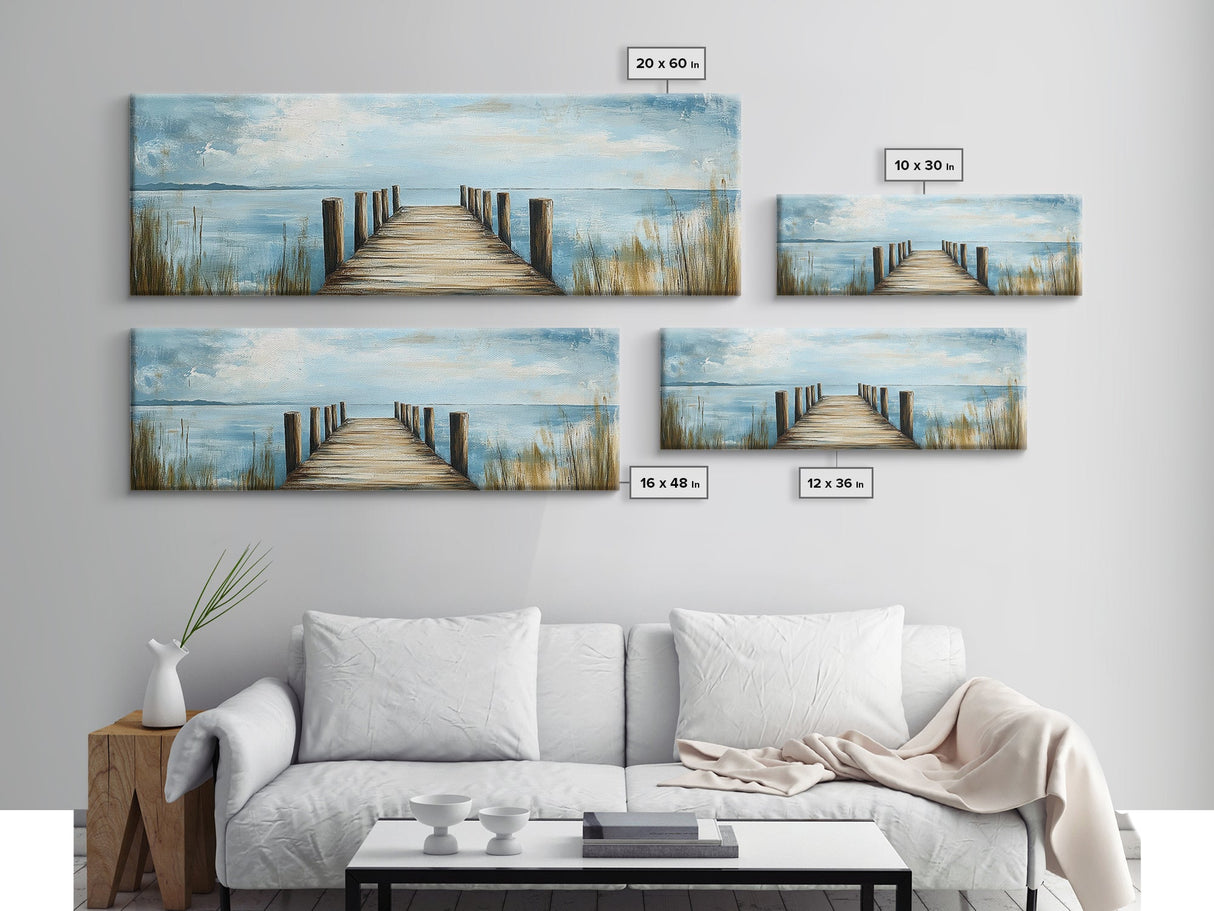 Lake Dock, Peaceful Water Scene, Serene Landscape, Rustic Nature Painting, Minimalist Home Decor, Canvas Print, Framed Canvas Print