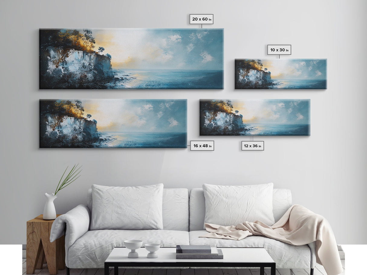Misty Ocean Cliffs Canvas Print Moody Coastal Wall Art, Dark Blue Seascape Painting, Foggy Landscape, Contemporary Office Decor