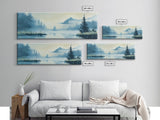 Foggy Mountain Lake Framed Canvas Print Tranquil Nature Wall Art, Misty Forest Landscape, Cool Blue Artwork, Cabin or Office Decor
