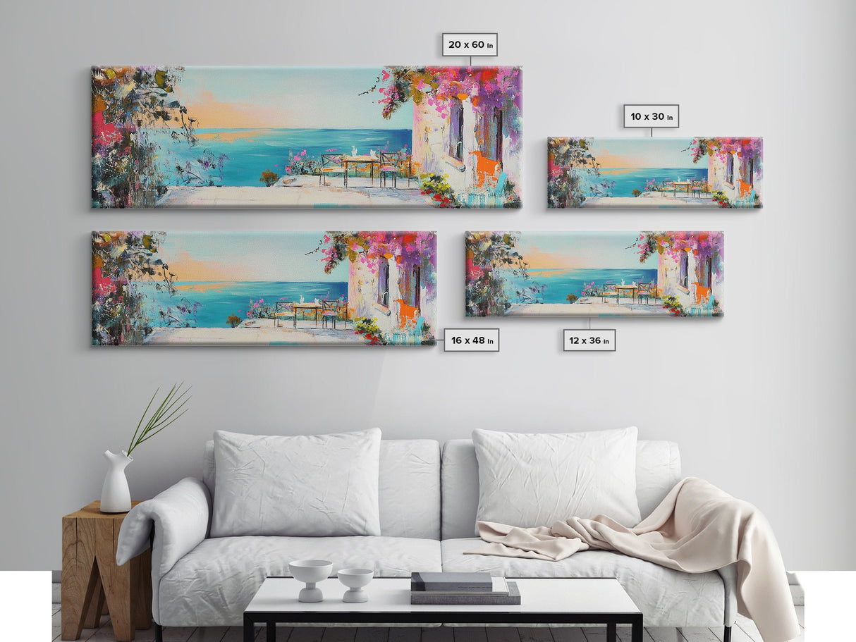 Mediterranean Patio Framed Canvas Print, Coastal Landscape Wall Art, Romantic Seaside Painting, Dining Room Decor, Boho Art