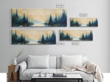 Misty Forest Landscape Wall Art, Blue and Gold Nature Painting, Rustic Cabin Decor, Cozy Woodland Art, Fall Living Room Artwork