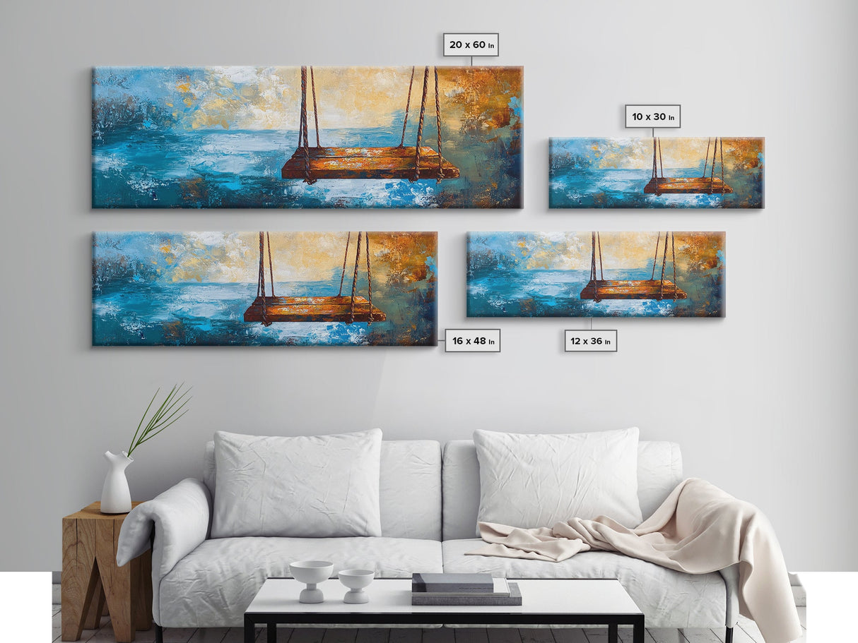 Rustic Wooden Swing by the Ocean, Serene Beach Wall Art, Tranquil Coastal Decor, Dreamy Blue and Gold Painting, Bedroom Artwork