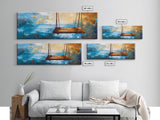 Rustic Wooden Swing by the Ocean, Serene Beach Wall Art, Tranquil Coastal Decor, Dreamy Blue and Gold Painting, Bedroom Artwork