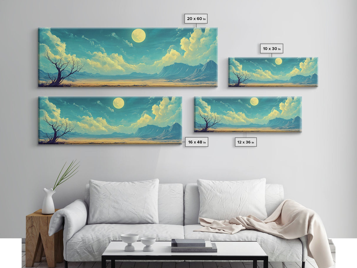 Moonlit Desert Nightscape, Mystical Blue and Gold Landscape Art, Dreamy Celestial Wall Decor, Surreal Nature Painting