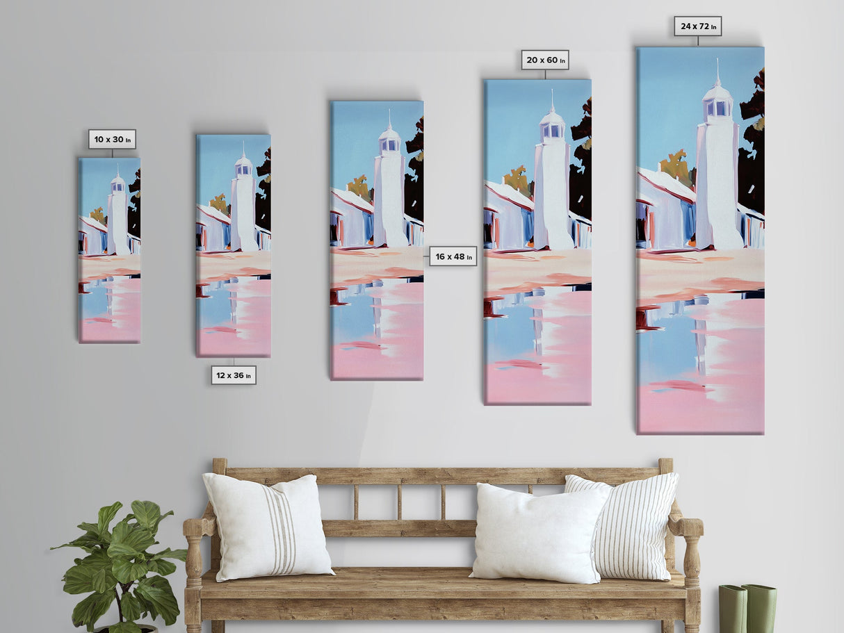 White Lighthouse, Nautical Art, Coastal Home Decor, Maritime Seascape, Soft Pastel Landscape, Relaxing Atmosphere, Framed Canvas Print