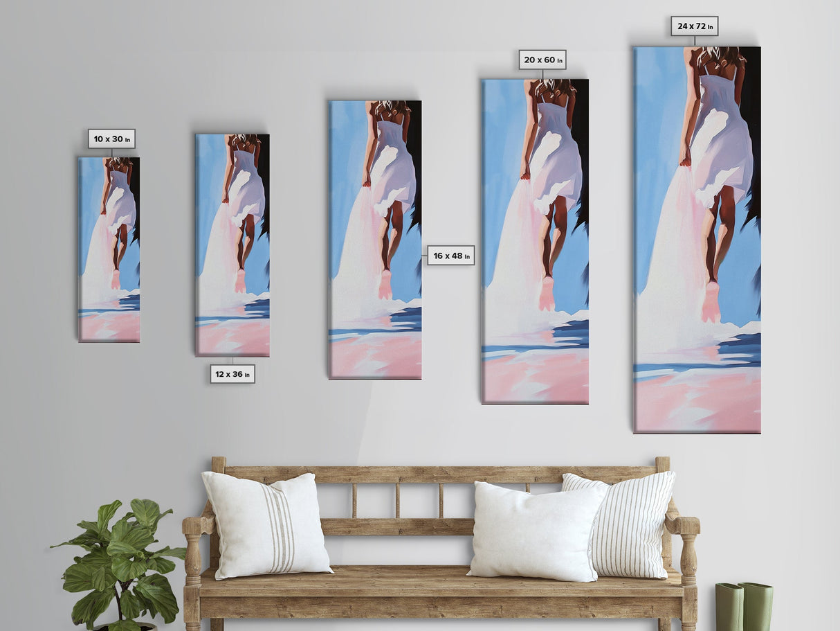 Woman in White, Elegant Beach Art, Dreamy Seaside Scene, Romantic Coastal Decor, Soft Aesthetic, Bedroom Wall Art, Framed Canvas Print