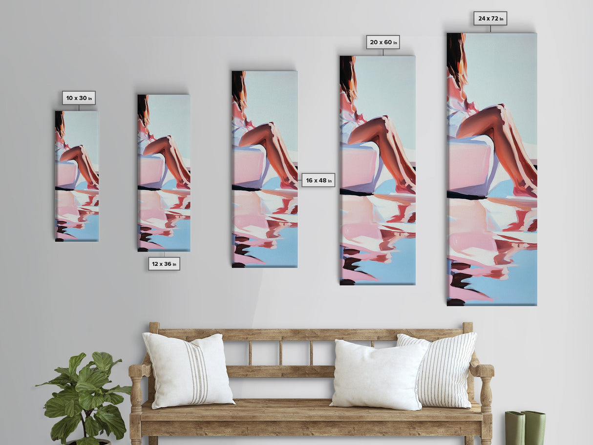 Sunlit Poolside, Elegant Woman Art, Minimalist Feminine Decor, Summer Painting, Warm and Serene Aesthetic, Framed Canvas Print