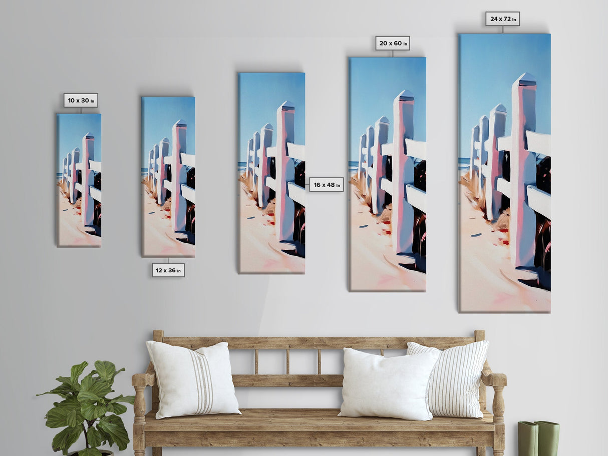 White Fence, Beach House Wall Art, Coastal Decor, Ocean Landscape, Framed Canvas Print, Nautical Aesthetic, Minimalist Art