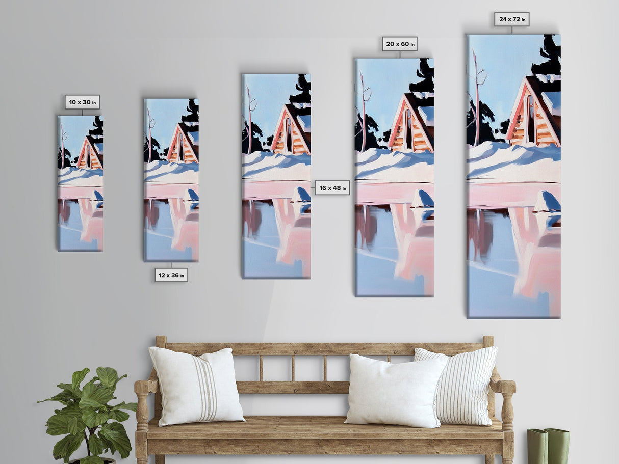 Winter Cabin, Snowy Reflections, Framed Canvas Print, Cozy Rustic Wall Art, Nordic Aesthetic, Minimalist Landscape, Bedroom Decor