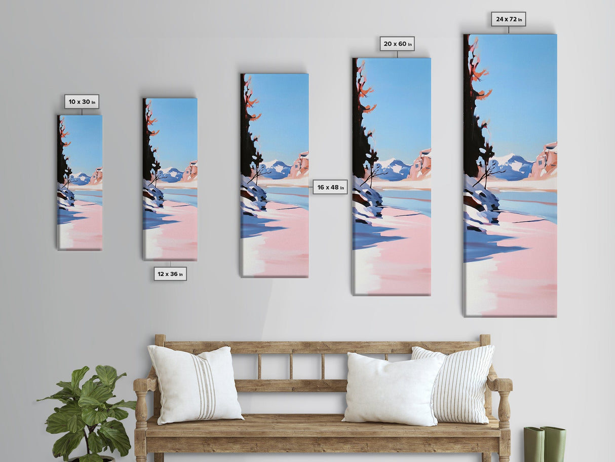Winter Landscape, Snowy Scene, Mountain, Blue, White, Nature, Minimalist, Cabin Decor, Living Room, Framed Canvas Print