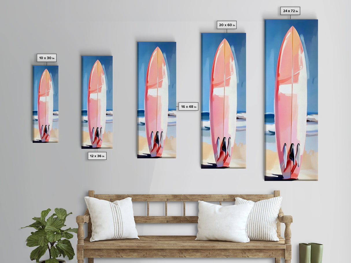 Pink Surfboard, Beach House Art, Coastal Aesthetic, Surfer Lifestyle, Summer Vibes, Ocean Theme Framed Canvas Print, Modern Wall Decor