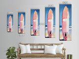 Pink Surfboard, Beach House Art, Coastal Aesthetic, Surfer Lifestyle, Summer Vibes, Ocean Theme Framed Canvas Print, Modern Wall Decor