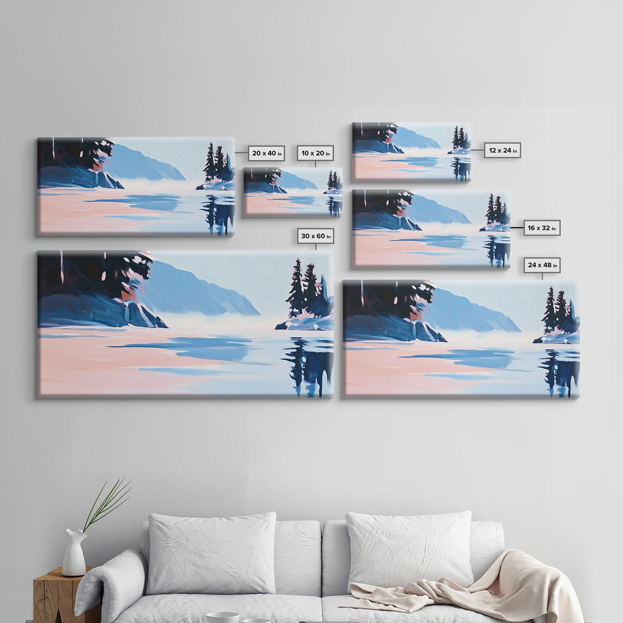 Mountain Lake, Peaceful Nature Art, Minimalist Alpine Landscape, Framed Canvas Print, Cabin Wall Decor, Calm Winter Aesthetic.