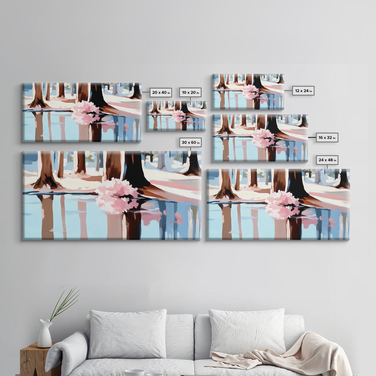 Reflection, Pink Trees, Winter, Framed Canvas Print, Modern Nature Art, Minimalist Wall Art, Cozy Home Decor, Fall Living Room Art