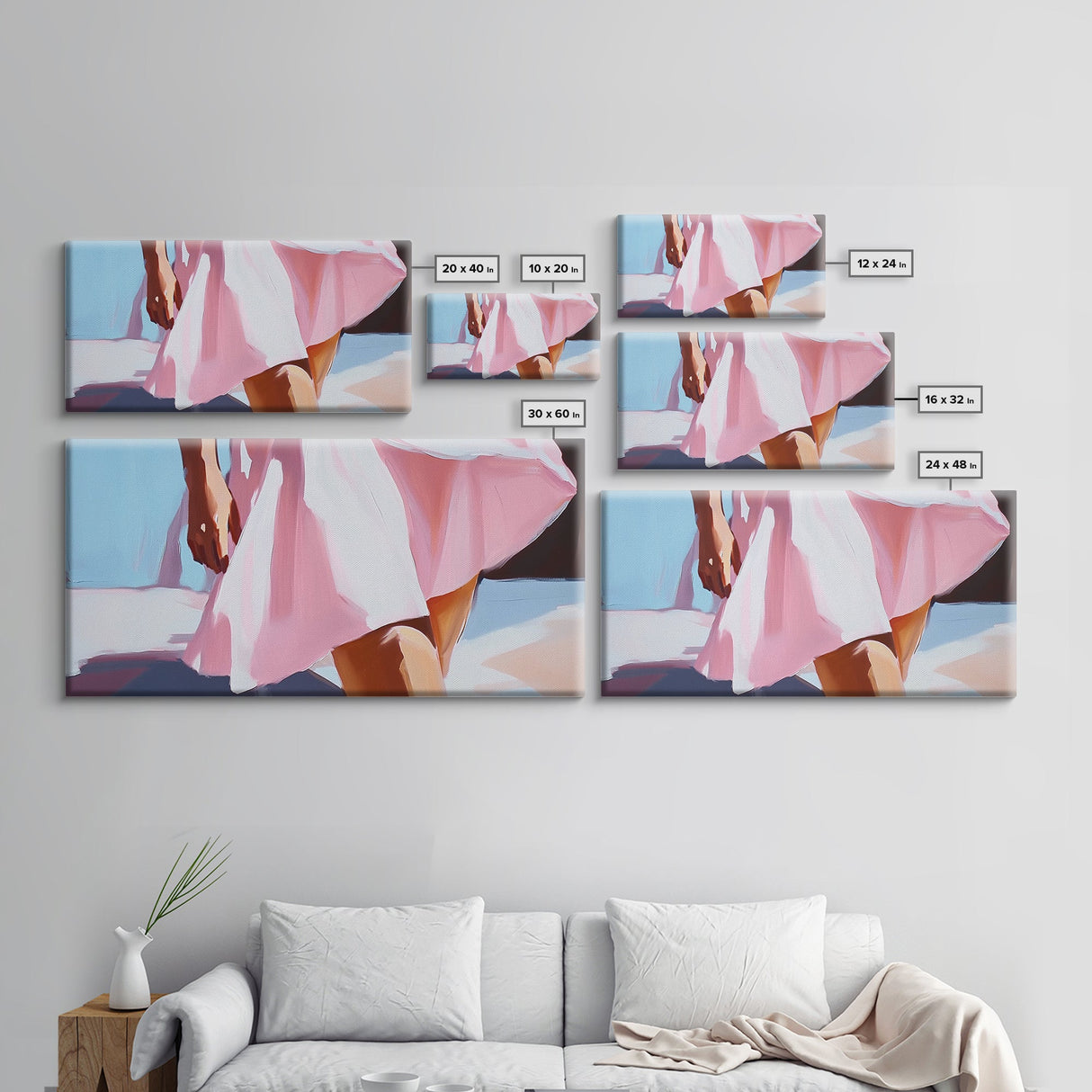 Flowing Summer Dress, Feminine Boho Art, Elegant Beach Print, Fashion Aesthetic Decor, Soft Pastel Painting, Bedroom Framed Canvas Print
