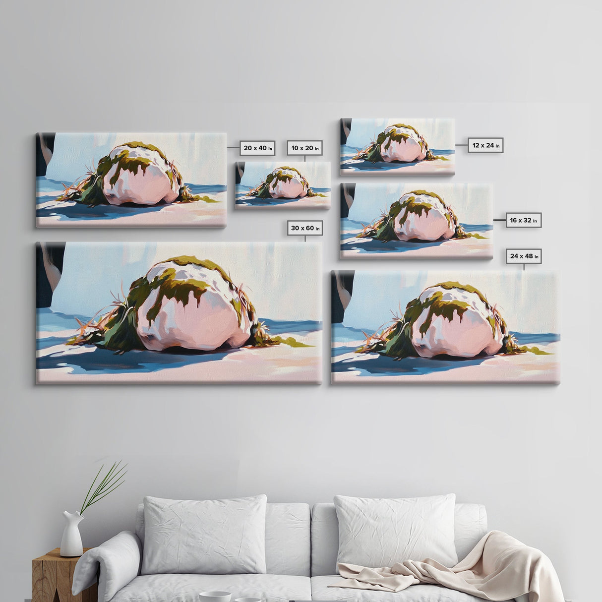 Mossy Rock on Beach, Nature Coastal Art, Earthy Seaside Print, Tranquil Zen Decor, Organic Minimalist Aesthetic, Living Room Canvas Print