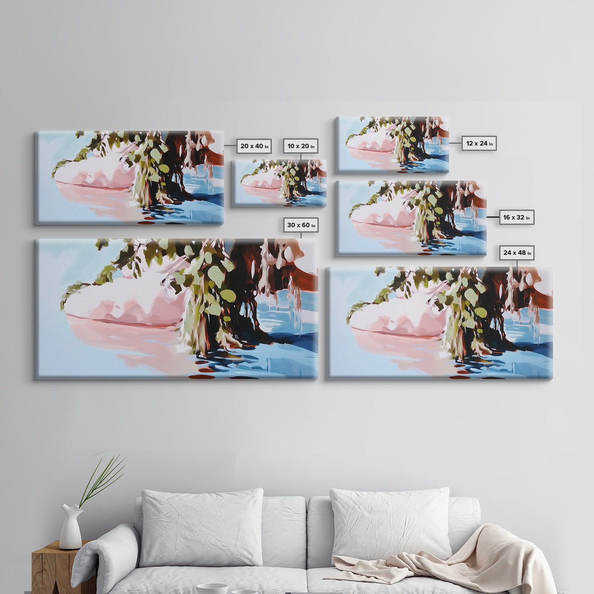 Serenity Reflections, Nature, Framed Canvas Print, Tranquil lake scene, soft pastels, modern landscape, minimalist decor, bedroom wall art