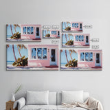 Seaside Cottage, Beach House, Coastal Living, Palm Trees, Ocean Breeze, Tropical Getaway, Minimalist Art, Nautical Theme, Canvas Print