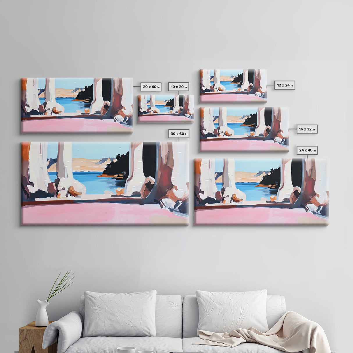 Tranquil Waters, Cliffside View, Serene Seascape, Framed Canvas Print, Coastal Wall Art, Boho Decor, Office Wall Art, Abstract Landscape