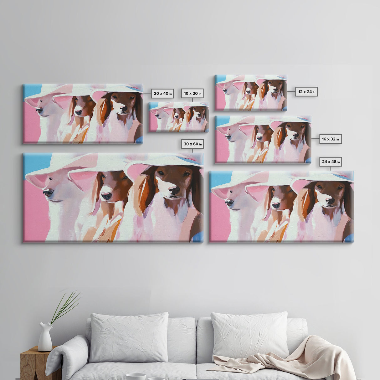 Stylish Dogs, Trendy Animal Art, Pink Aesthetic Print, Modern Pet Portrait, Whimsical Wall Art, Playful Decor, Framed Canvas Print