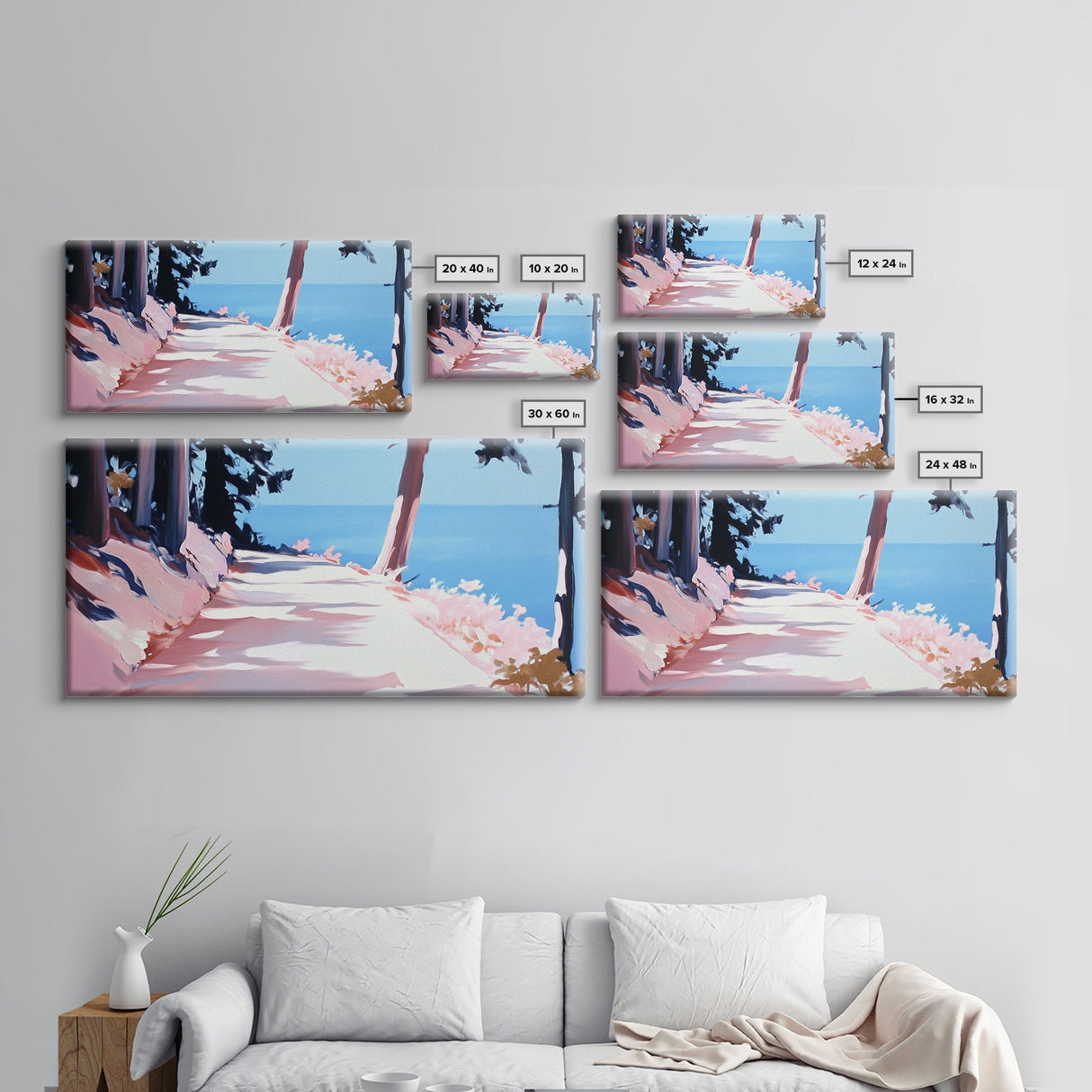 Sunlit Pathway, Serene Nature Art, Forest Trail Print, Pink Blue Landscape, Scenic Wall Decor, Calm Aesthetic Home, Framed Canvas Print