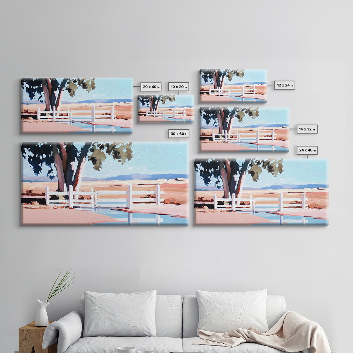 White Fence, Pastoral Landscape Print, Rustic Country Art, Framed Canvas Print, Minimalist Home Decor, Living Room Wall Art
