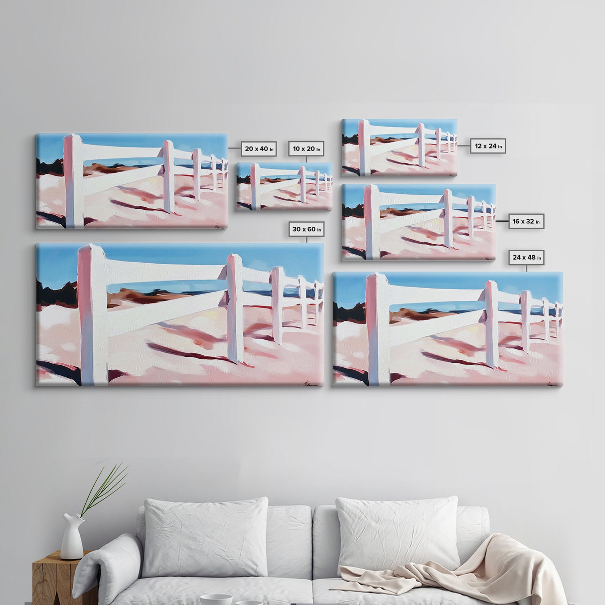 White Fence, Coastal Landscape, Pastel Beach Art, Framed Canvas Print, Minimalist Wall Decor, Ocean View Painting, Summer Art