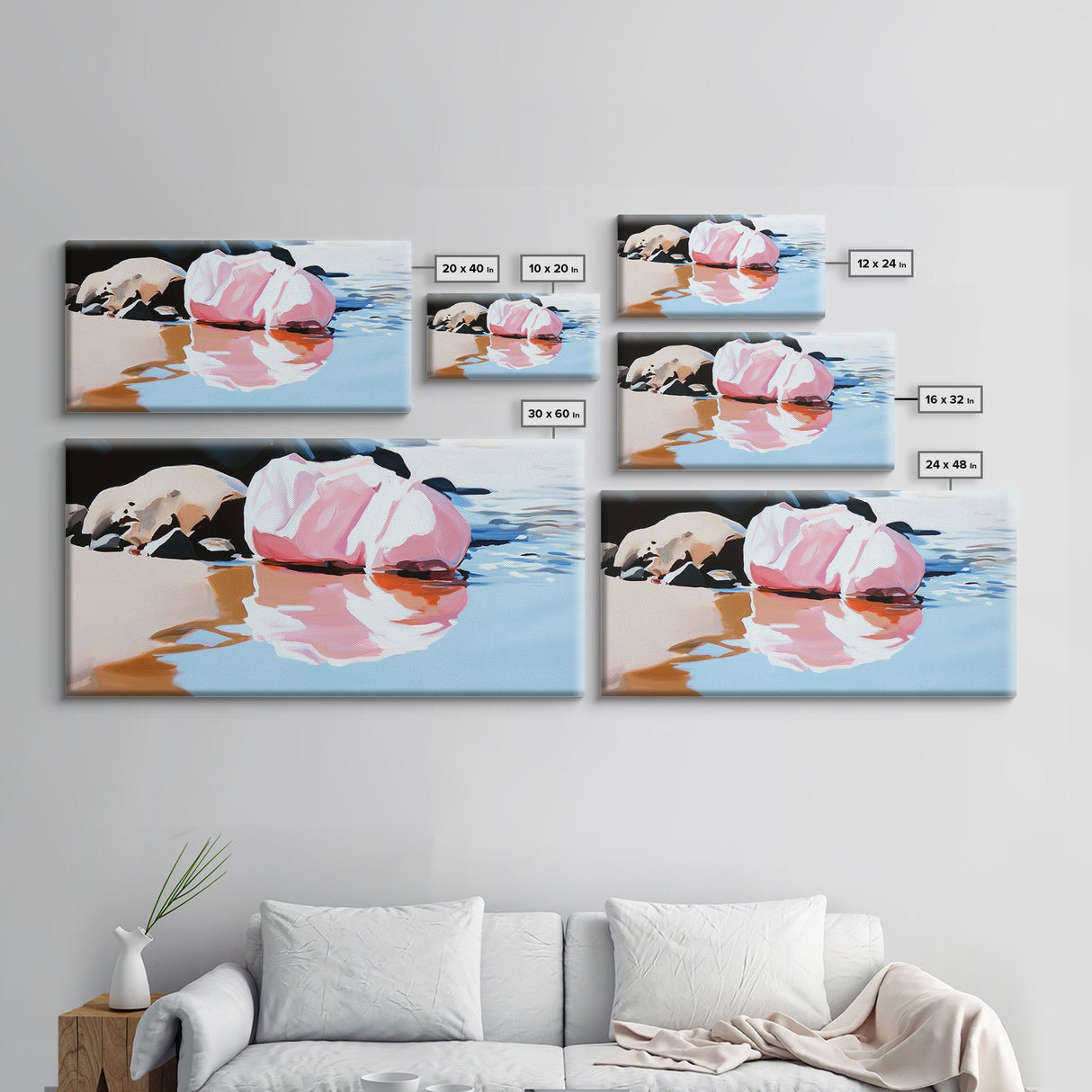 Pink Rock, Water Reflection, Framed Canvas Print, Minimalist Landscape, Nature Aesthetic, Serene Home Decor, Modern Art, Office Wall