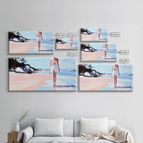 Walking Beach, Ocean View, Coastal Serenity, Tranquil Scene, Framed Canvas Print, Minimalist Decor, Boho Art, Bedroom Wall Art