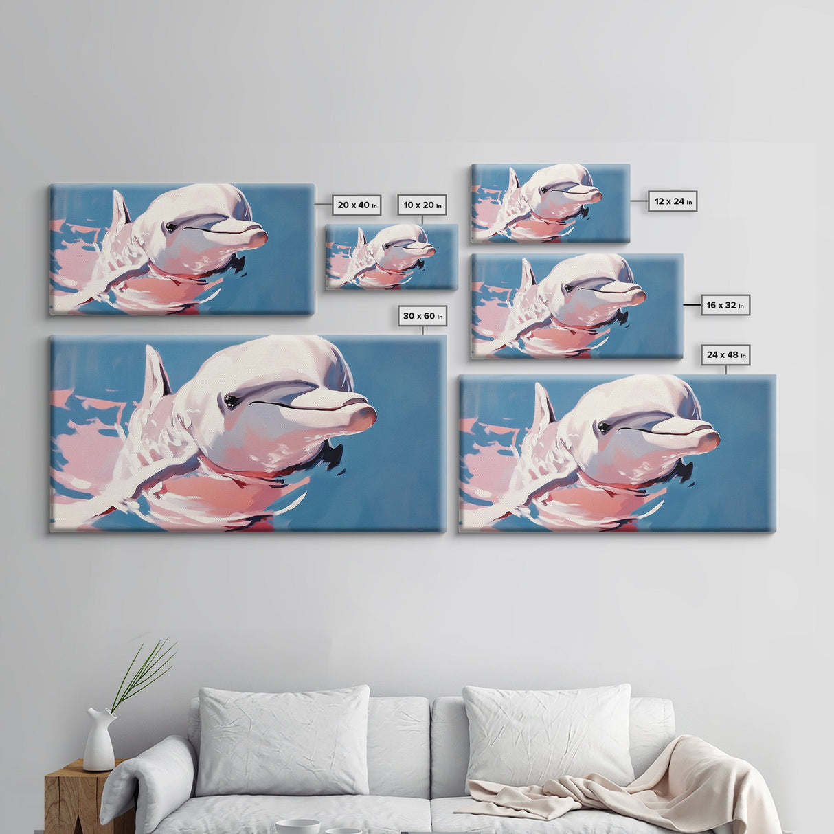 Playful Dolphin, Ocean Wildlife Art, Nautical Theme, Marine Life Decor, Coastal Animal Print, Minimalist Blue Art, Canvas Print, Kids Room