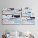 Winter River Scene, Snowy Landscape, Blue Wall Art, Modern Framed Canvas Print, Living Room Decor, Minimalist Nature Painting