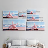 Starfish on Beach, Coastal Wall Art, Ocean Inspired Decor, Nautical Framed Canvas Print, Blue and Pink Summer Vibes Artwork