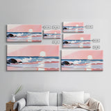 Sunset Beach, Ocean Waves, Framed Canvas Print, Coastal Wall Art, Pink Sky Painting, Living Room Decor, Tropical Seascape