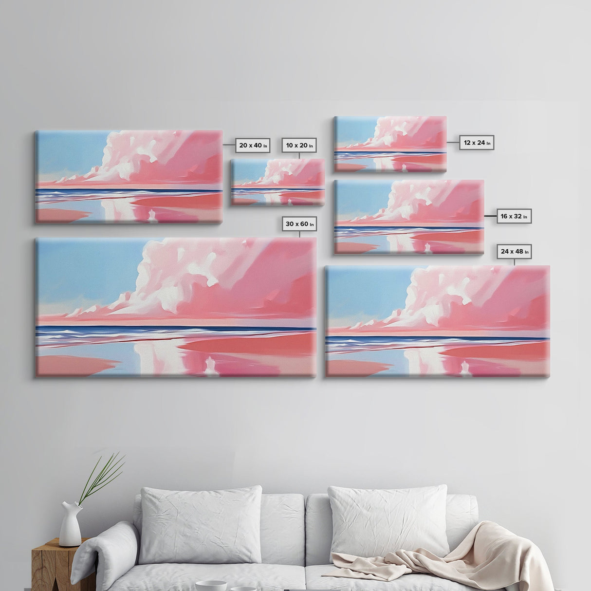 Pink Beach, Dreamy Ocean, Framed Canvas Print, Coastal Art, Minimalist Seascape, Modern Wall Decor, Soft Pastel Landscape
