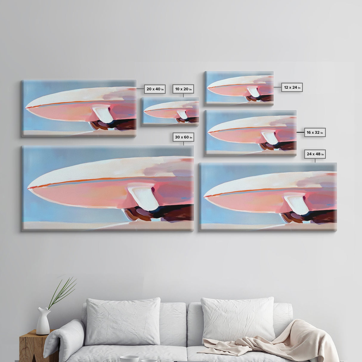 Surfboard Still Life, Minimalist Art, Framed Canvas Print, Ocean Decor, Beach House Wall Art, Soft Pastel Painting, Coastal Vibes