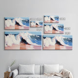 Tidal Wave, Beach Art, Framed Canvas Print, Surfer Decor, Minimalist Coastal Aesthetic, Pastel Ocean Scene, Living Room Wall Art