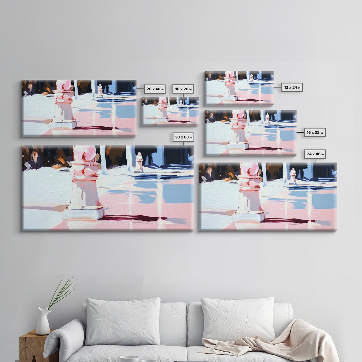 Garden Walk, Architectural Art, Framed Canvas Print, Elegant Wall Decor, Soft Pastel Painting, Modern Aesthetic, Classical Outdoor Scene