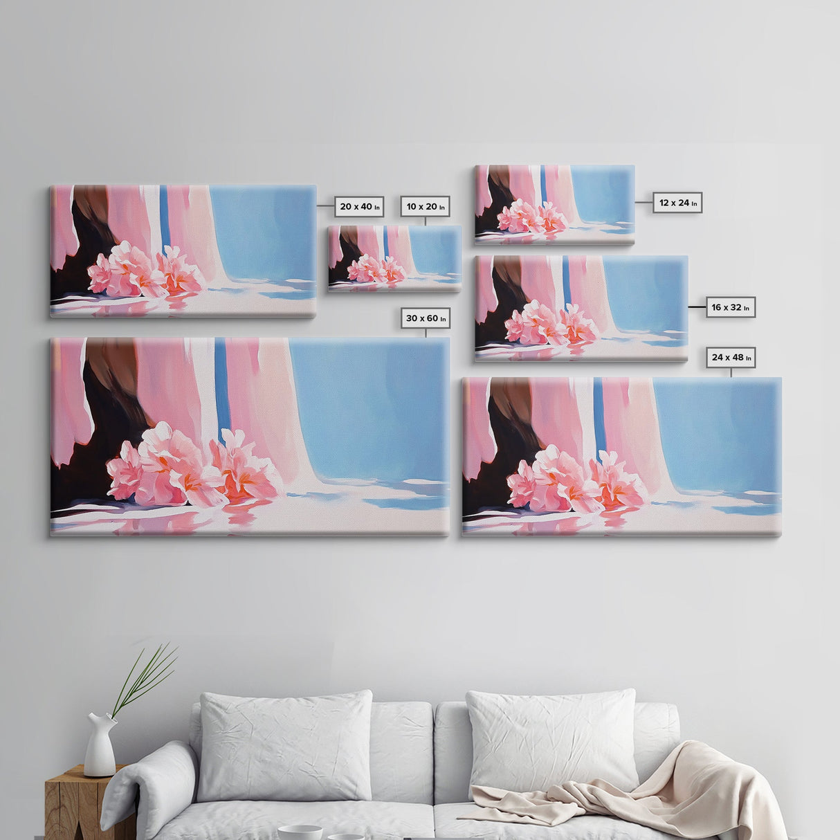 Floral, Waterfall, Soft Pink, Framed Canvas Print, Living Room Wall Art, Boho Art, Nature Artwork, Elegant Painting, Serene Home Decor