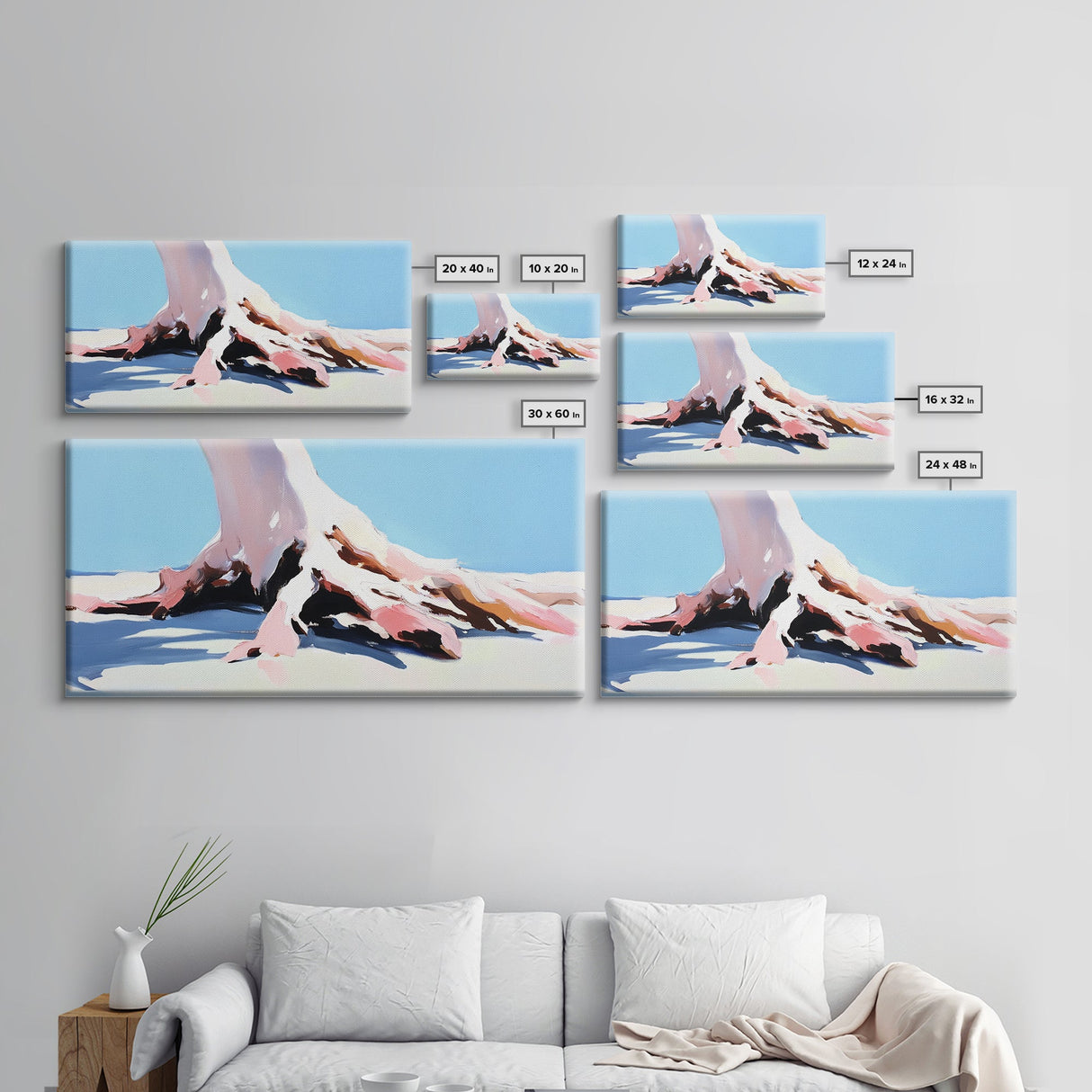 Tree, Root, Beach, Framed Canvas Print, Coastal Wall Art, Nature Inspired, Minimalist Art, Tranquil Home Decor, Pastel Painting