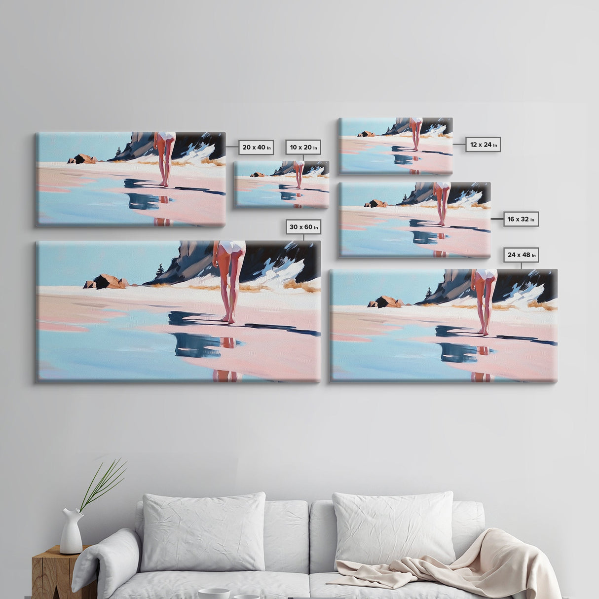 Woman, Reflection, Shoreline, Framed Canvas Print, Feminine Art, Modern Minimalist, Relaxing Home Decor, Pastel Coastal Painting