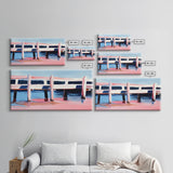 Dock, Reflections, Landscape Art, Nautical Decor, Serene Water Painting, Framed Canvas Print, Minimalist Seaside Art, Blue Pink Aesthetic