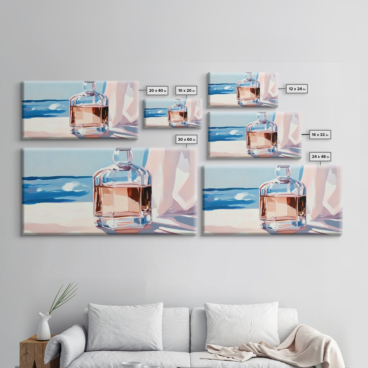 Glass Bottle, Ocean View, Beach House Decor, Coastal Aesthetic, Elegant Still Life, Framed Canvas Print, Pastel Home Decor, Tranquil Art