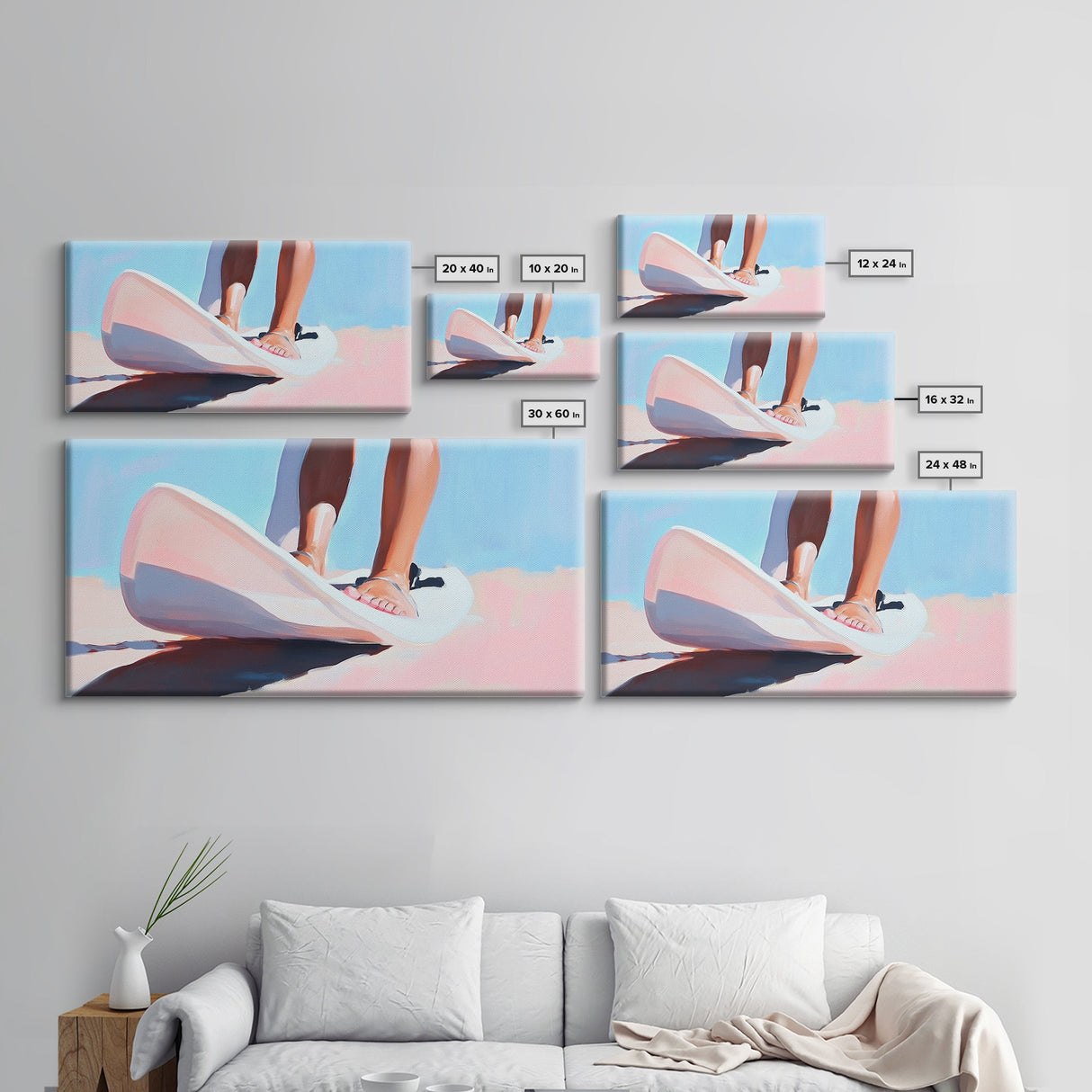 Surfing Vibes, Coastal Sport Art, Minimalist Ocean Painting, Pastel Beach Decor, Framed Canvas Print, Adventure Inspired, Living Room Art